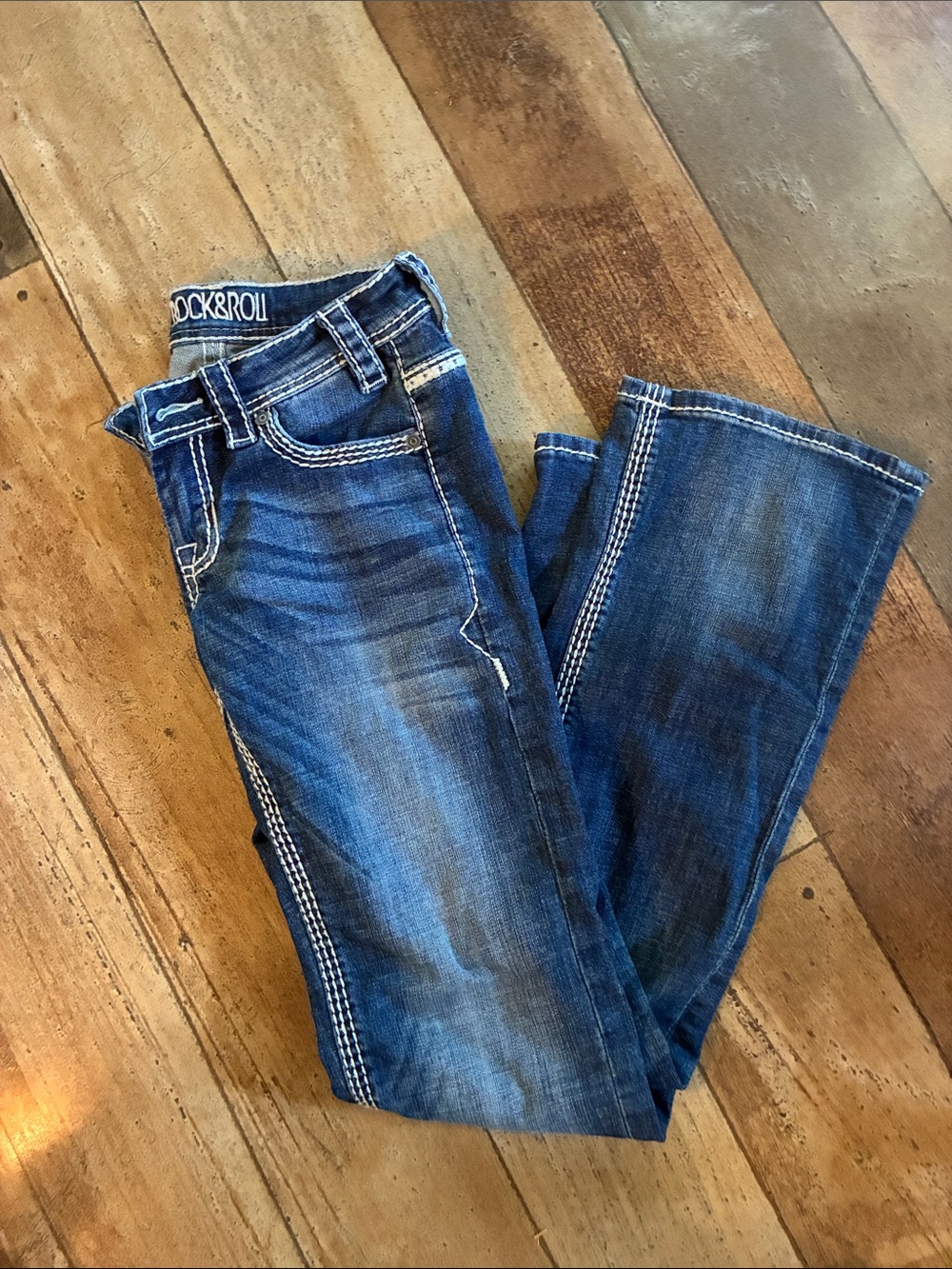 Rock & Roll Cowgirl Women's Blue Bootcut Jeans with White Contrast Stitching